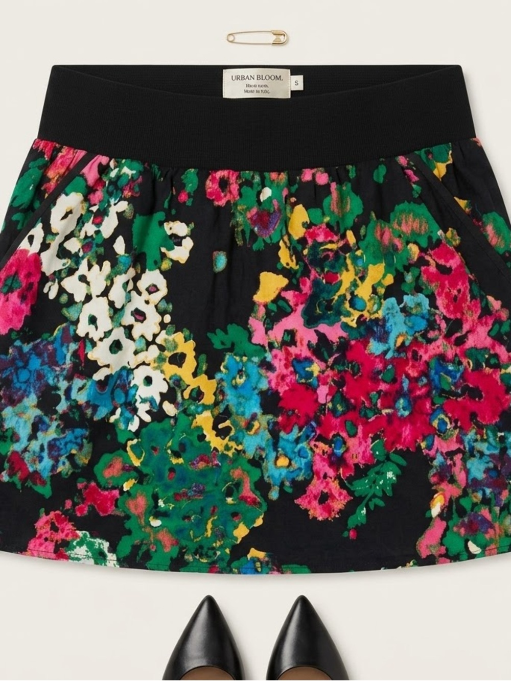 Lily Black Floral Mini Skirt with Elastic Waist